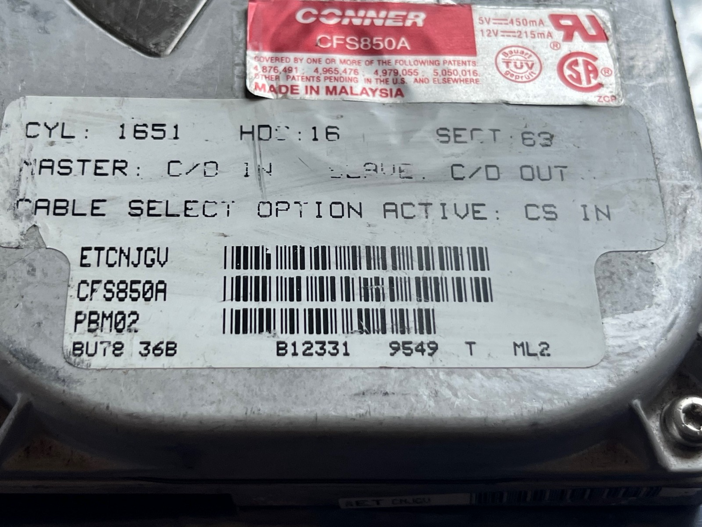 CONNER CFS850A IDE HARD DRIVE 850MB PBM02 ETCNJGV FD2B3