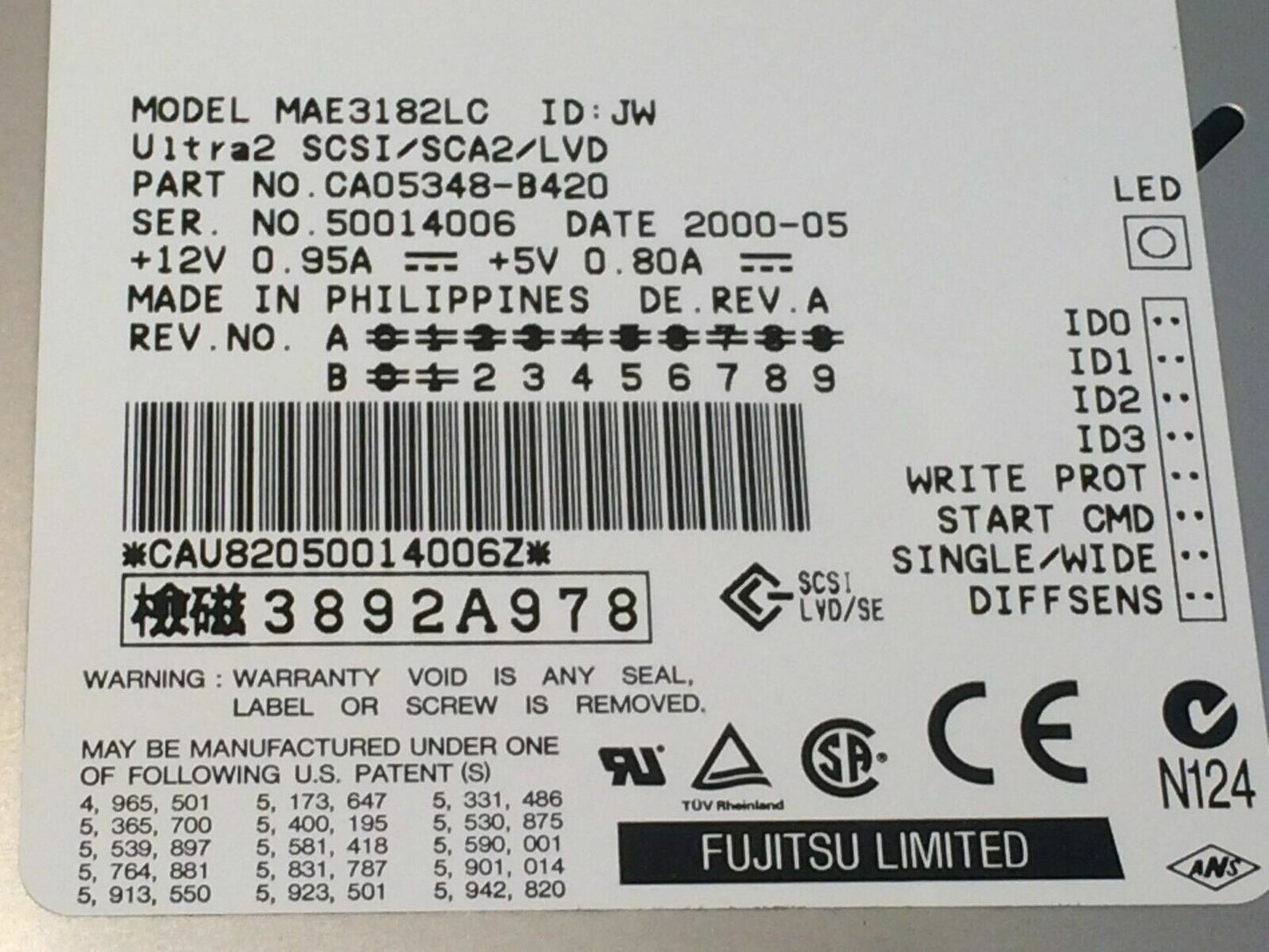 FUJITSU MAE3182LC 18.2GB SCA2 SCSI ULTRA2 HARD DRIVE CAO5348-B420 fbc1e7