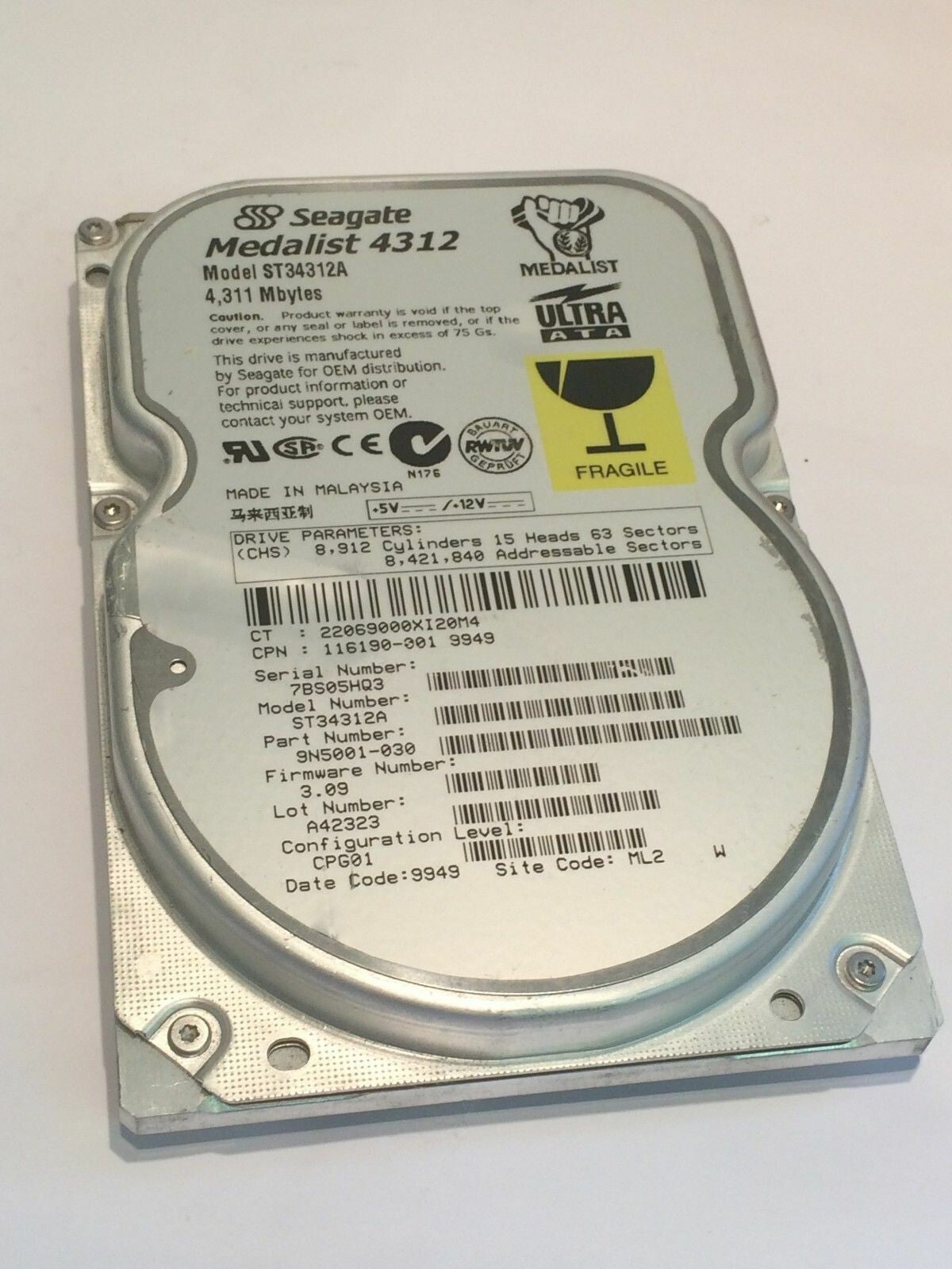 SEAGATE ST34312A 9N5001-030 FIRMWARE 3.09 IDE HARD DRIVE 4.3GB aa4bc5