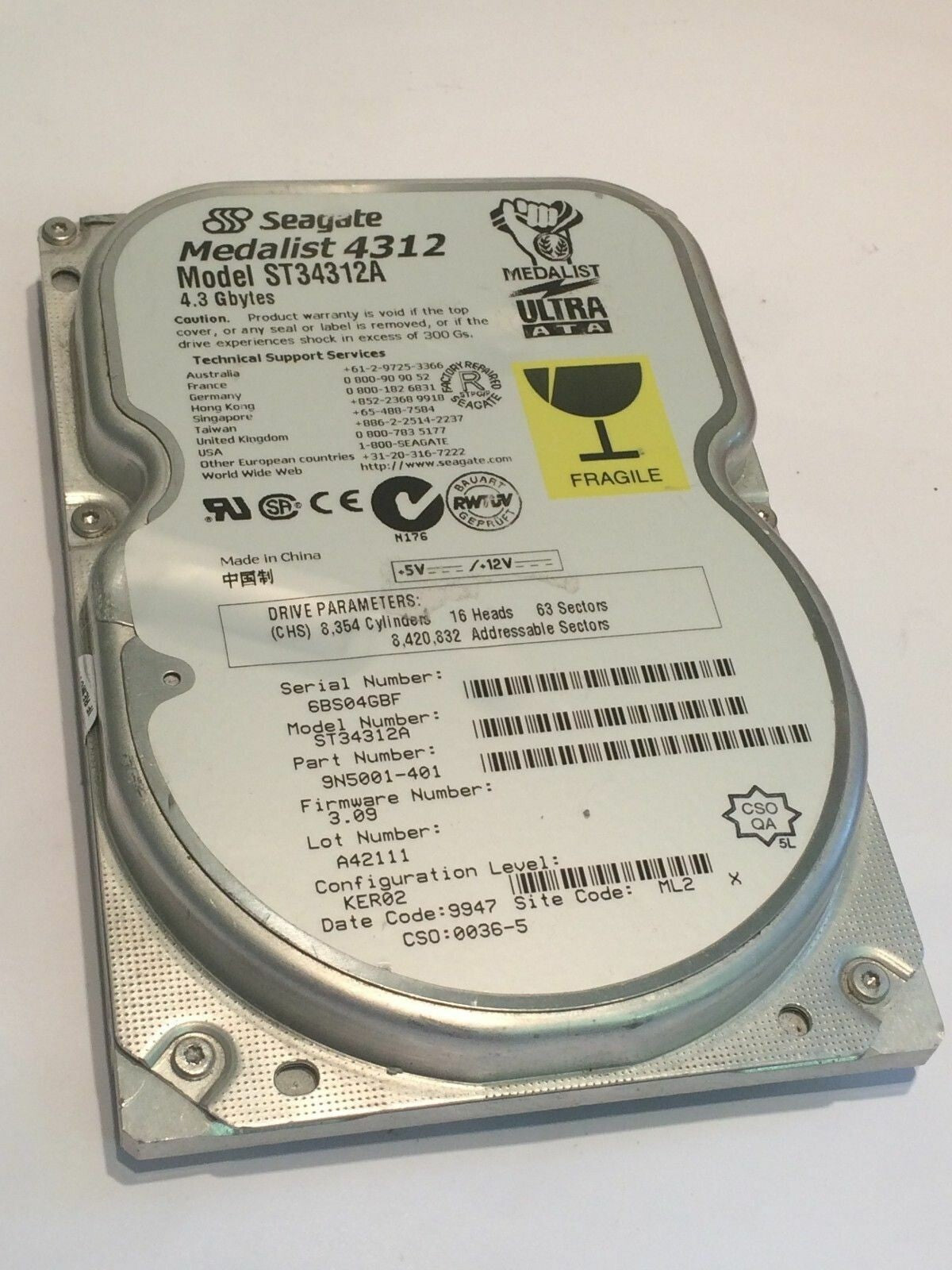 SEAGATE ST34312A 9N5001-401 FIRMWARE 3.09 IDE HARD DRIVE 4.3GB aa4bc5B