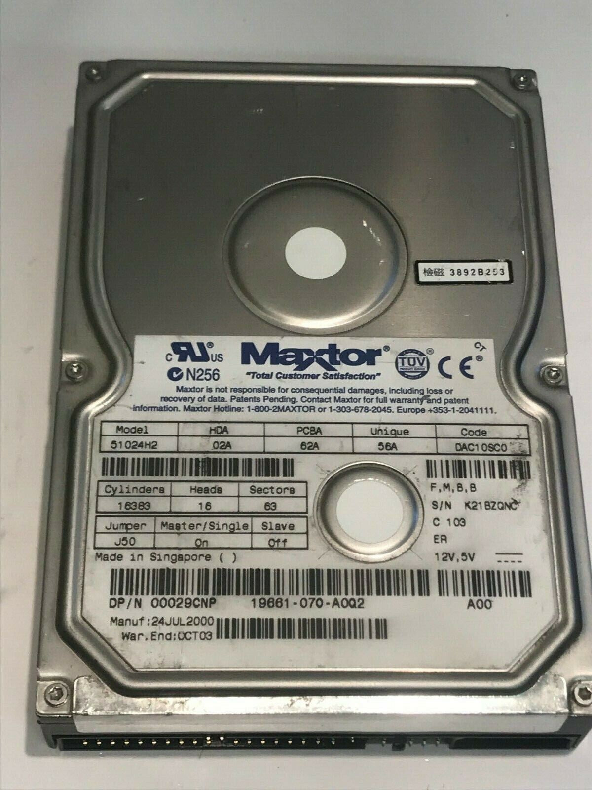 MAXTOR 51024H2 02A 62A 56A DAC10SC0 10.2GB IDE HARD DRIVE aa5fa3a