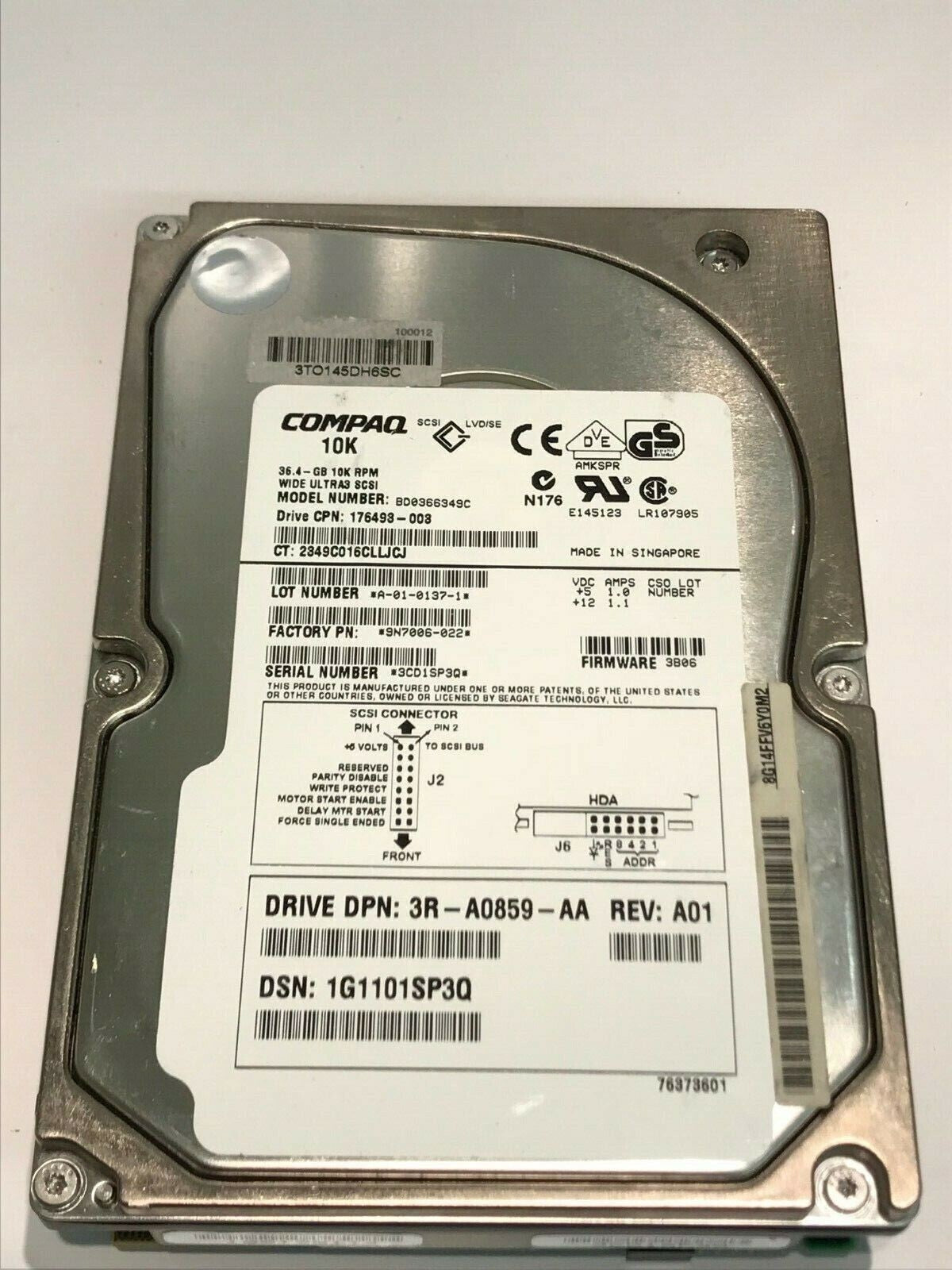 COMPAQ BD0366349C 9N7006-023 3B06 36.4GB SCSI 3 ULTRA HARD DRIVE aa5ie3