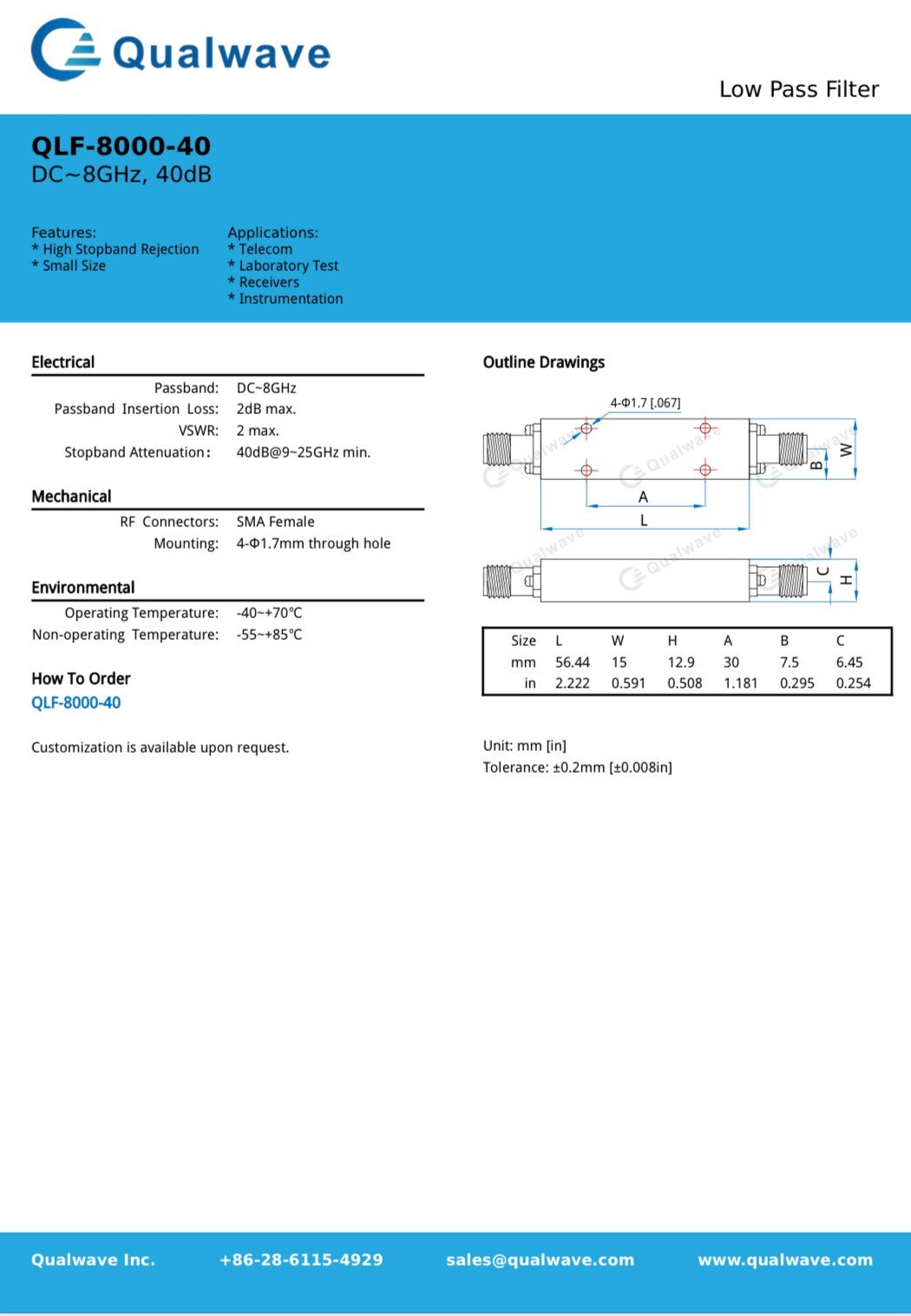 QUALWAVE DC - 8GHZ LOW PASS FILTER SMA CONNECTORS AE1W90
