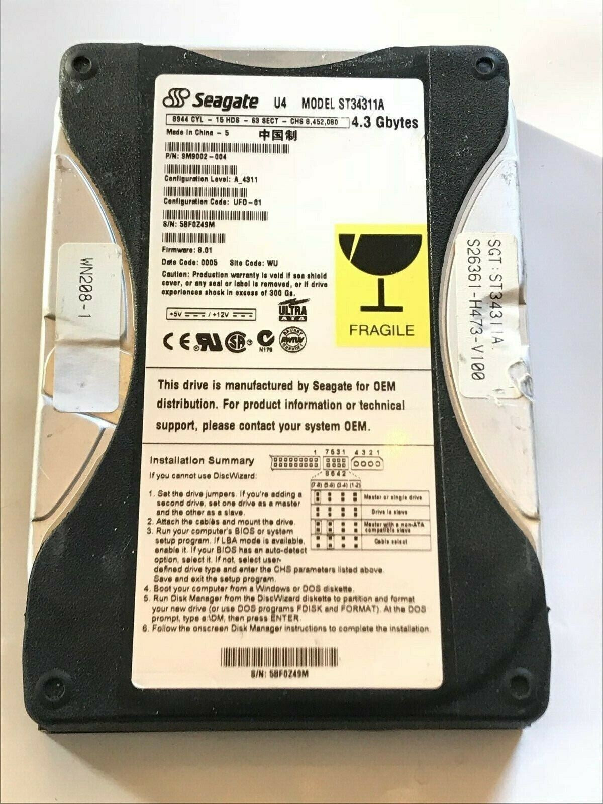 SEAGATE ST34311A 9M9002-004 FIRMWARE 8.01 IDE HARD DRIVE 4.3GB aa4ab3