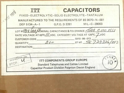 ITT MILITARY QUALITY SOLID TANTALUM AXIAL CAPACITOR 100uF 10v 10% ad1f11