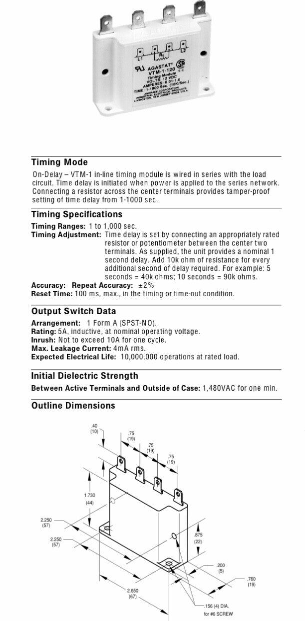 AGASTAT VTM SOLID STATE TIMING MODULE 1 - 1000 SECONDS ad2G8