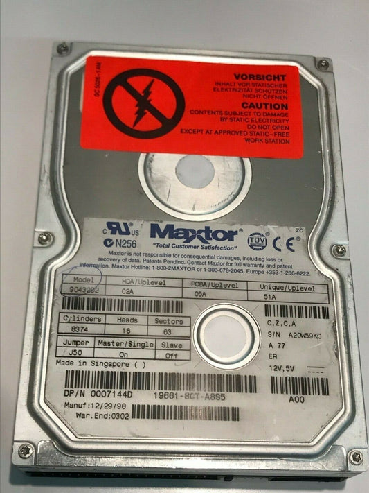 MAXTOR 90432D2 02A 05A 51A 4.3GB IDE HARD DRIVE 0007144D aa5ib5
