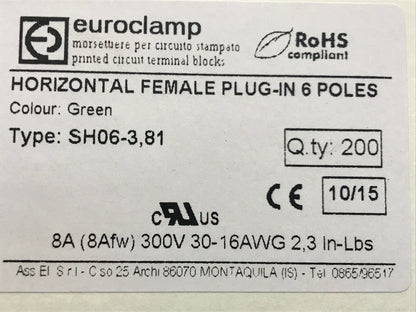 6 WAY PCB FEMALE CONNECTOR 3.81.mm PITCH EUROCLAMP SH06-3,81 ad1P51A