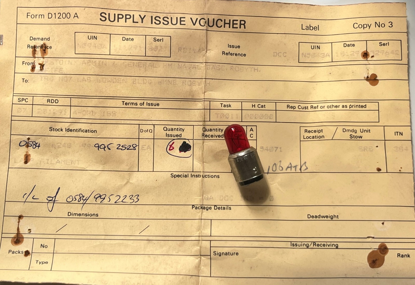 22 VOLT 4.8 WATT SBC BULB MILITARY 995-2528 VINTAGE LAMP BULB RED FD6A3