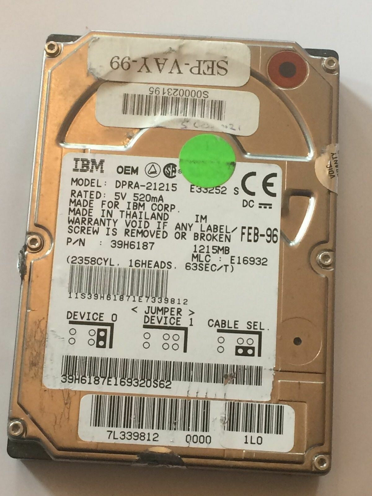 IBM DPRA-21215 2.5 INCH 18MM 1215MB 39H6187 HARD DISC DRIVE fbc1f14