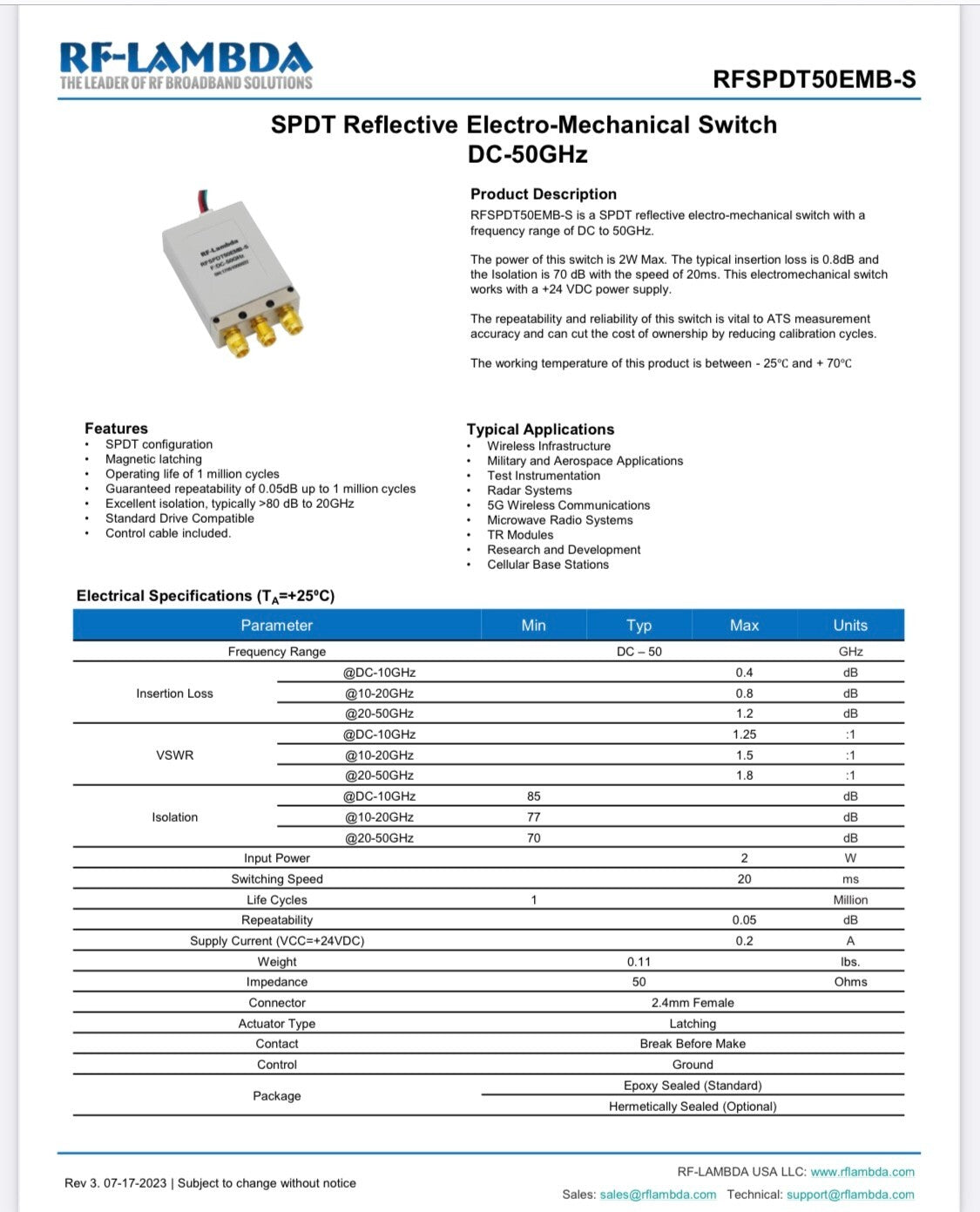 RF-LAMBDA RFSPDT50EMB-S COAXIAL RELAY SWITCH 2.4MM 50GHz 24Vdc SPDT AE1W7