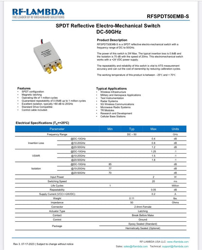 RF-LAMBDA RFSPDT50EMB-S COAXIAL RELAY SWITCH 2.4MM 50GHz 24Vdc SPDT AE1W7