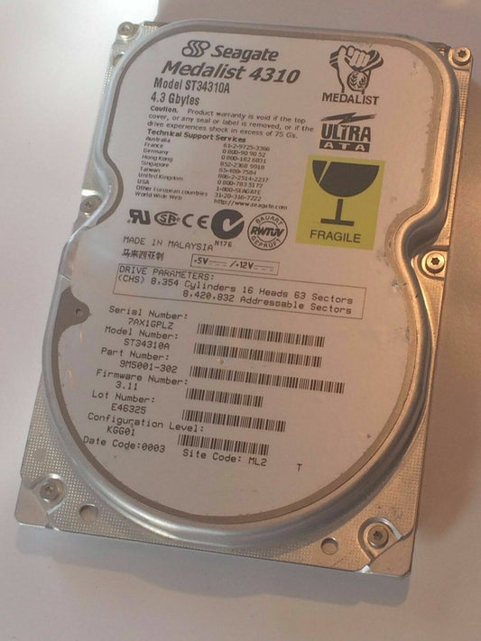 SEAGATE ST34310A 9M5001-302 FIRMWARE 3.11 IDE HARD DRIVE 4.3GB aa4bb4B