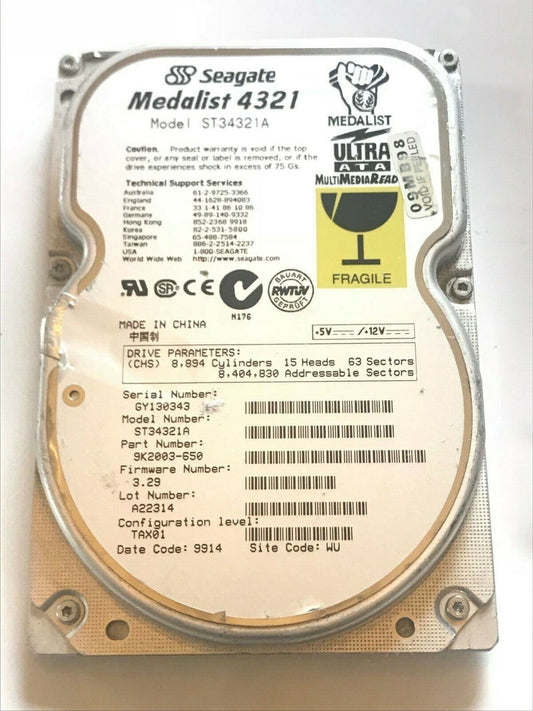SEAGATE ST34321A 9K2003-650 FIRMWARE 3.29 IDE HARD DRIVE 4.3GB aa4ab4B