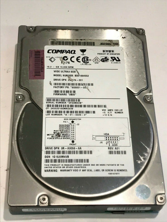 COMPAQ BD01864552 18.2GB SCSI 3 HARD DRIVE 232574-001 3B05 9U3001-030 aa5gc1B