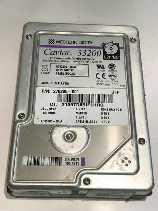 WESTERN DIGITAL CAVIAR 33200 3.2GB IDE HARD DRIVE AC33200-60LA CSABLCPOCA aa5fa4