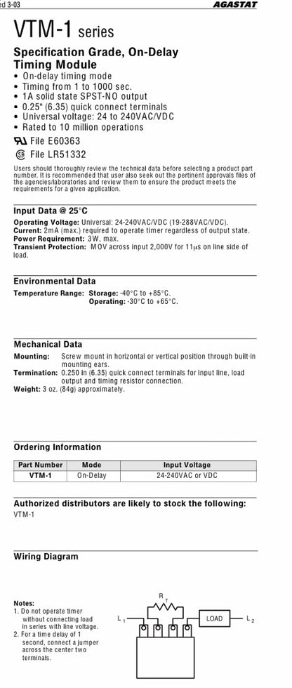 AGASTAT VTM SOLID STATE TIMING MODULE 1 - 1000 SECONDS ad2G8