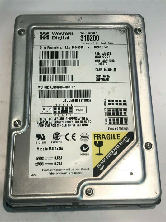 WESTERN DIGITAL 310200 10.2GB IDE HARD DRIVE AC310200-00RTT2 CVBALQPAOAF aa5fb9