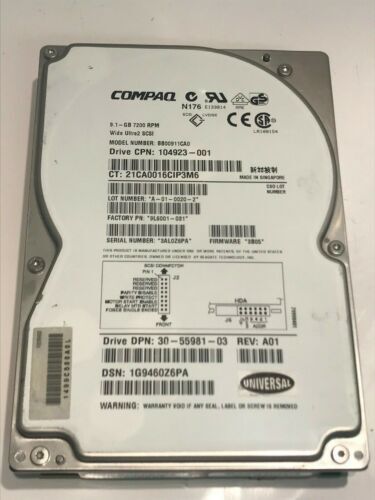 COMPAQ BB00911CA0 9.1GB SCSI 2 HARD DRIVE 104923-001 3B05 aa5hc2