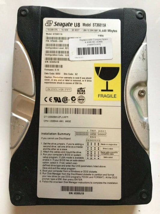 SEAGATE U8 ST36811A 9P5005-030 FIRMWARE 3.13 IDE HARD DRIVE 6.4GB aa4ac17B