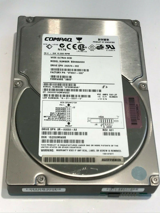 COMPAQ BD03664553 36.4GB SCSI 3 HARD DRIVE 232574-002 3B05 9T9001-030 aa5gd1