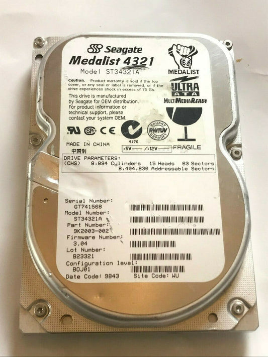 SEAGATE ST34321A 9K2003-002 FIRMWARE 3.04 IDE HARD DRIVE 4.3GB aa4ab1b