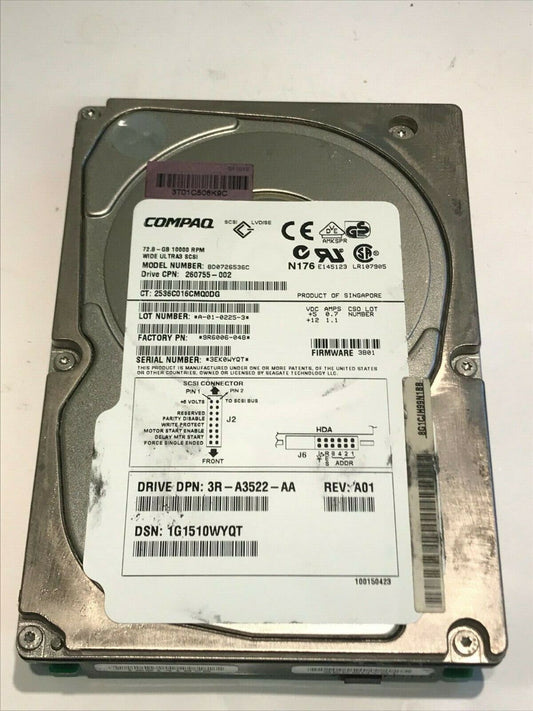 COMPAQ BD0726536C 72.8GB SCSI 3 HARD DRIVE 260755-002 3B01 9R6006-048 aa5gb8