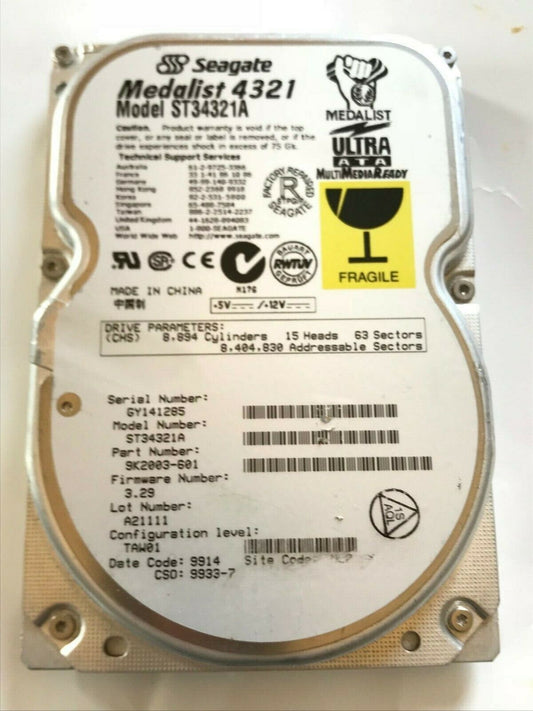 SEAGATE ST34321A 9K2003-652 FIRMWARE 3.29 IDE HARD DRIVE 4.3GB aa4ab1h