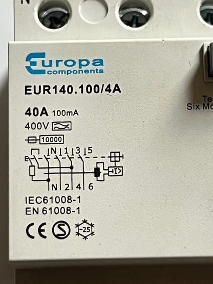 EUROPA EUR140.100/4A 4 POLE 40A 100mA RCCB BREAKER NEW BOXED fd1d39