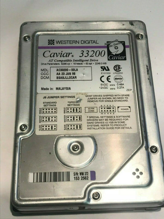 WESTERN DIGITAL CAVIAR 33200 3.2GB IDE HARD DRIVE AC33200-00LA BSABJLLOCA aa5fa3
