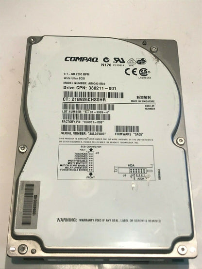 COMPAQ AB00931B92 9.1GB SCSI ULTRA HARD DRIVE 9L6001-036 3A05 aa5ga8