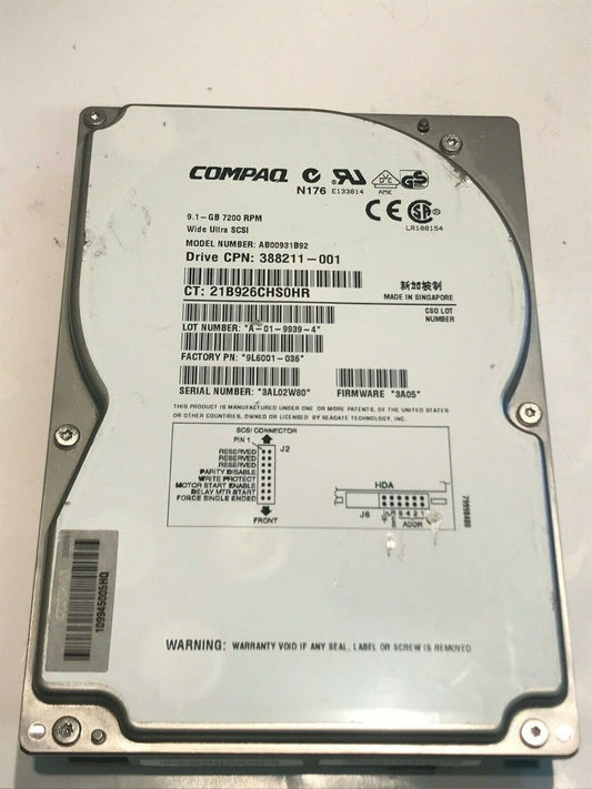 COMPAQ AB00931B92 9.1GB SCSI ULTRA HARD DRIVE 9L6001-036 3A05 aa5ga8