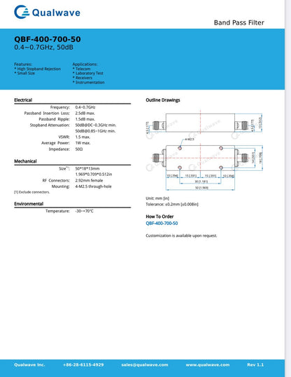 QUALWAVE 400MHZ - 700MHZ 1W BAND PASS FILTER 2.92MM CONNECTORS AE1W87