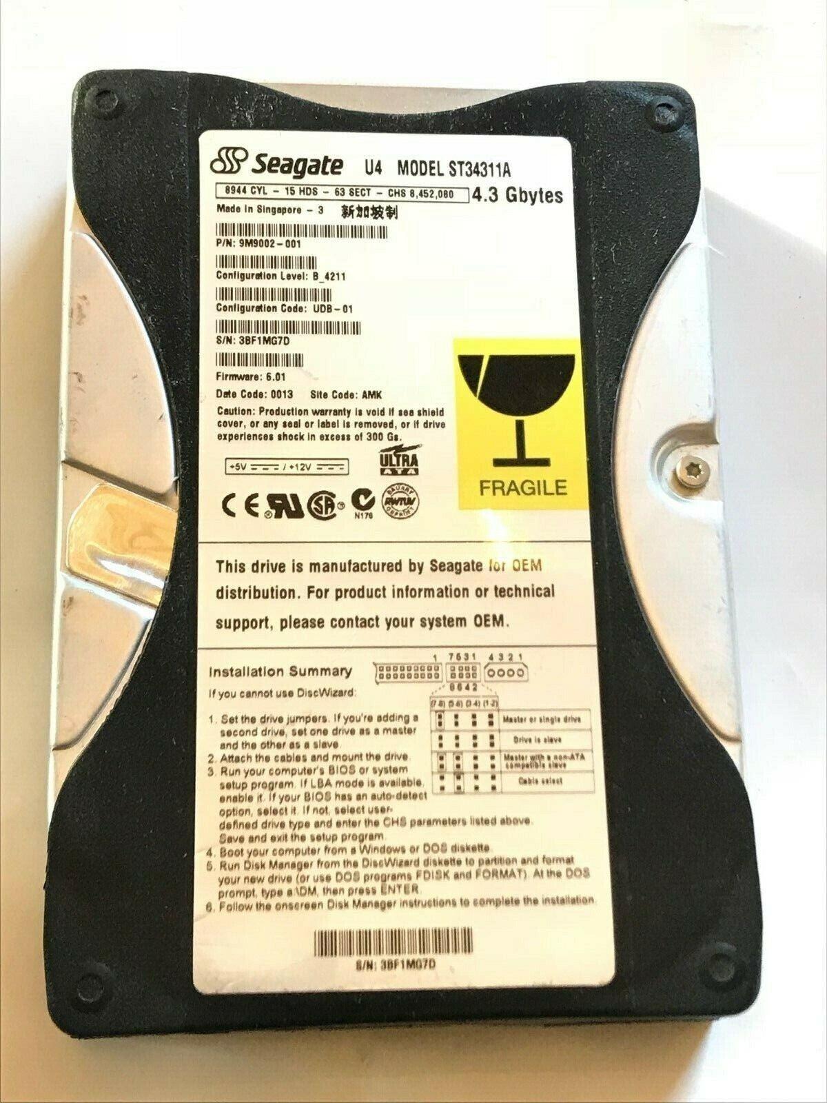 SEAGATE ST34311A 9M9002-001 FIRMWARE 6.01 IDE HARD DRIVE 4.3GB aa4ab3A