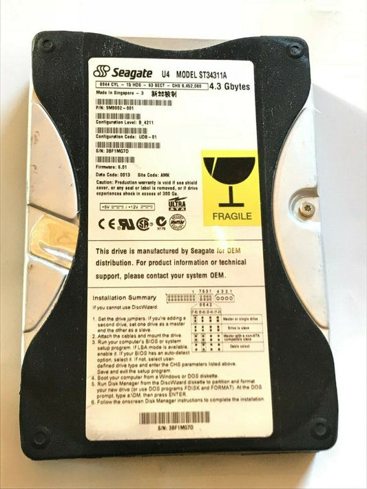 SEAGATE ST34311A 9M9002-001 FIRMWARE 6.01 IDE HARD DRIVE 4.3GB aa4ab3A