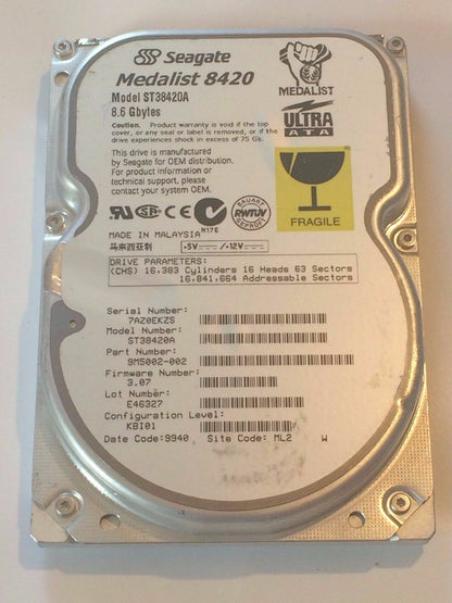 SEAGATE ST38420A 9M5002-002 FIRMWARE 3.07 IDE HARD DRIVE 8.6GB aa4bb1A