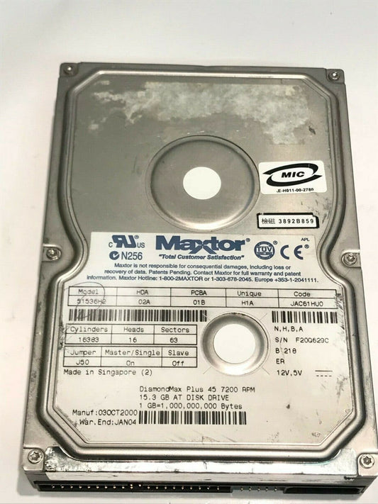 MAXTOR 51536H2 02A 01B H1A JAC61HU0 15.3GB IDE HARD DRIVE aa5ge7