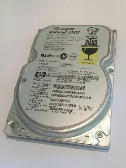 SEAGATE ST34325A 9L4005-730 FIRMWARE 3.02 IDE HARD DRIVE 4.3GB aa4bc11