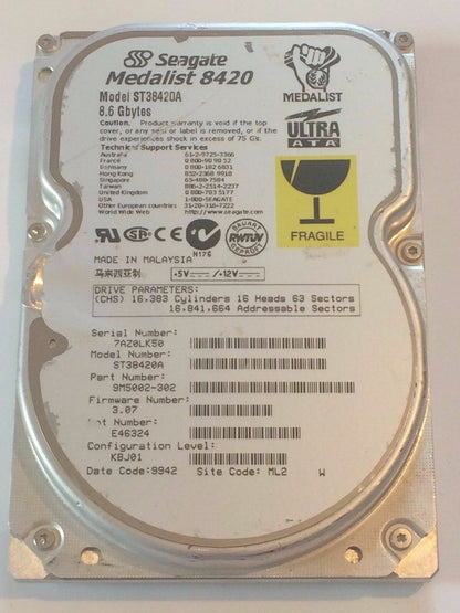 SEAGATE ST38420A 9M5002-302 FIRMWARE 3.07 IDE HARD DRIVE 8.6GB aa4bb1
