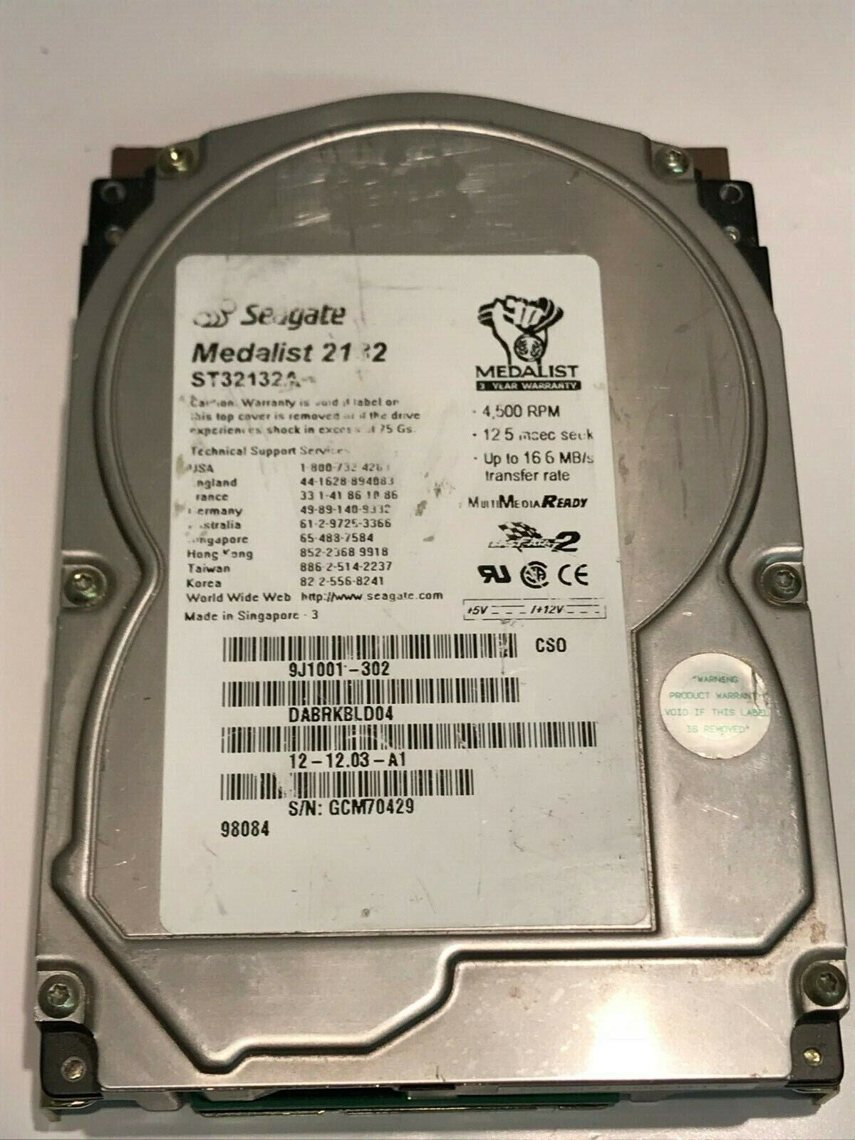 SEAGATE ST32132A 2.1GB IDE HARD DRIVE 9J1001-302 DABRKBLD04 aa5ha7