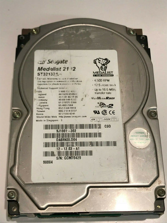 SEAGATE ST32132A 2.1GB IDE HARD DRIVE 9J1001-302 DABRKBLD04 aa5ha7