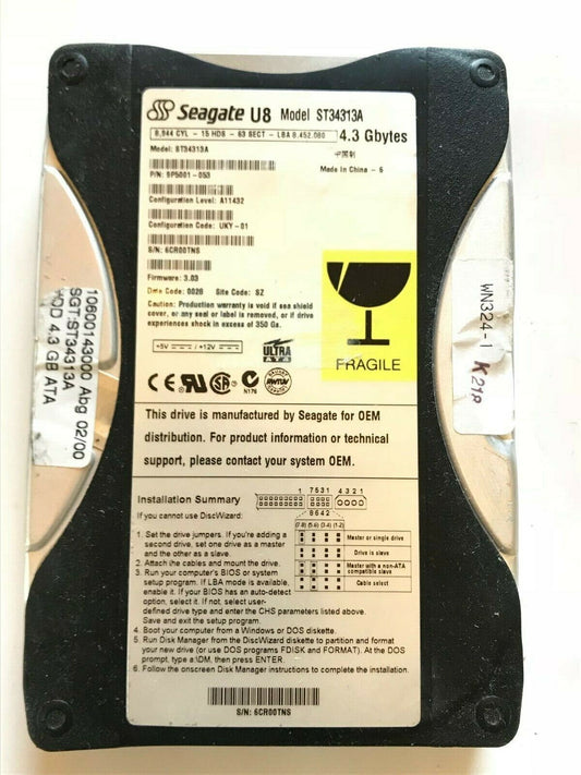 SEAGATE U8 ST34313A 9P5001-053 FIRMWARE 3.03 IDE HARD DRIVE 4.3GB aa4ac19A