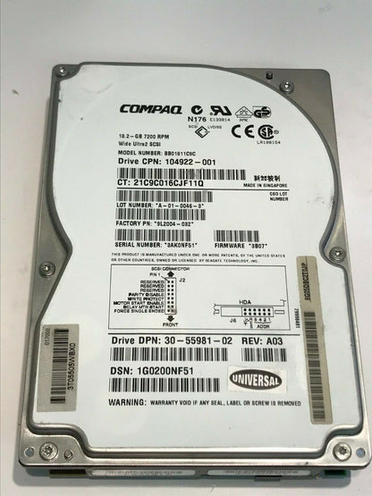 COMPAQ BB01811C9C 18.2GB SCSI 2 HARD DRIVE 104922-001 3B07 9L2004-032 aa5ge1