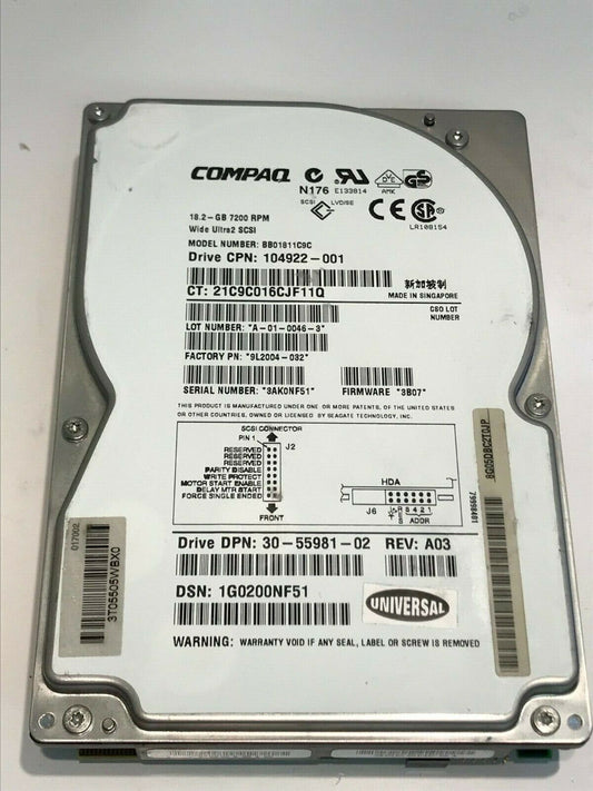 COMPAQ BB01811C9C 18.2GB SCSI 2 HARD DRIVE 104922-001 3B07 9L2004-032 aa5ge1