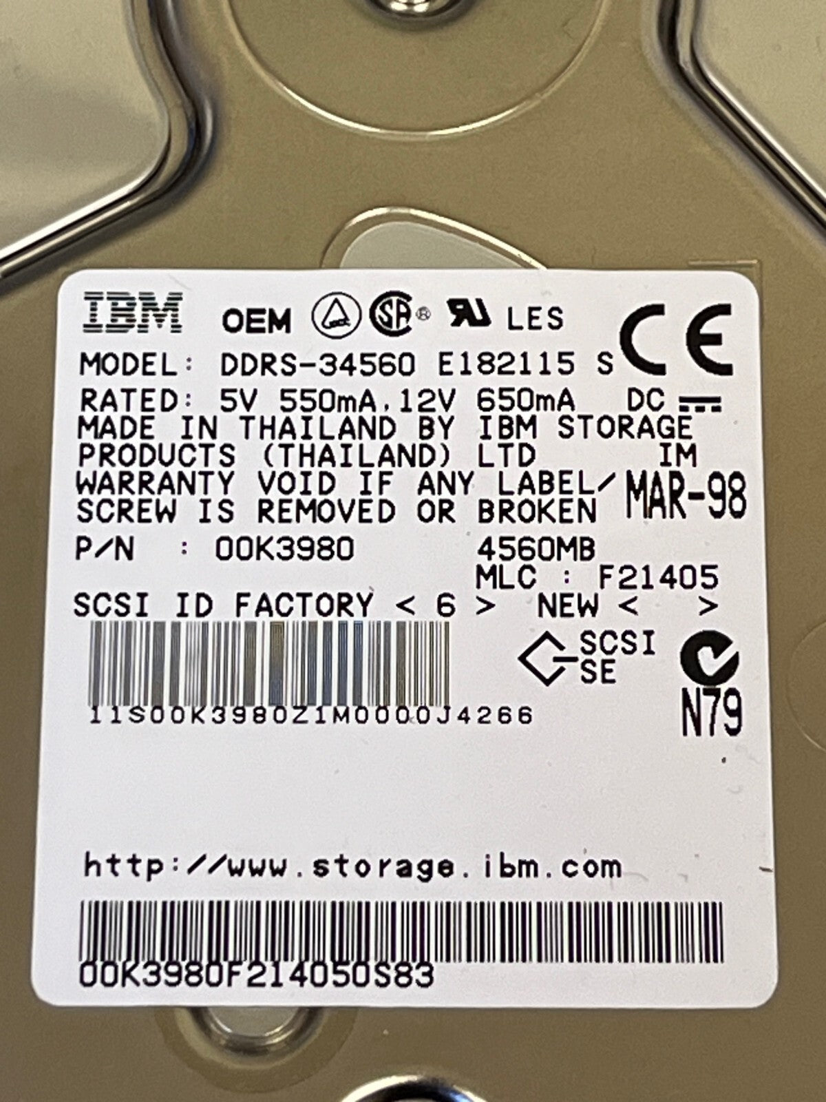 IBM DDRS-34560 00K3980 4560MB 50-PIN SCSI DRIVE ad2J40