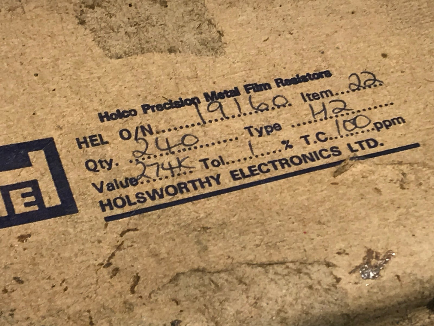 274K OHM 1% 1W H2 HOLCO METAL FILM PRECISION RESISTOR (X1) ae1v23