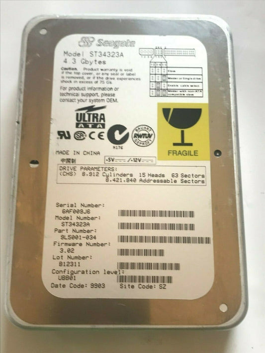 SEAGATE ST34323A 9L5001-034 FIRMWARE 3.02 IDE HARD DRIVE 4.3GB aa4ab5