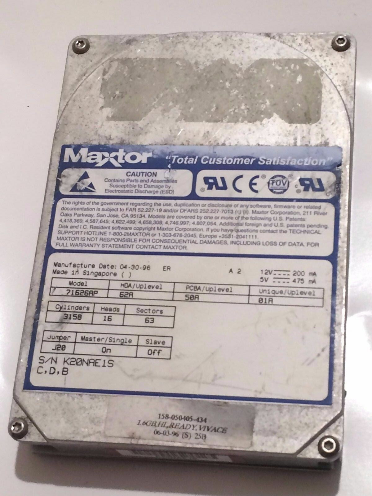 MAXTOR 71626AP 62A 50A 01A 1.6GB IDE HARD DRIVE aa4bb24