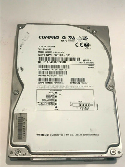 COMPAQ AB01831AC4 18.2GB SCSI ULTRA HARD DRIVE 9L2004-038 3A05 aa5ga6