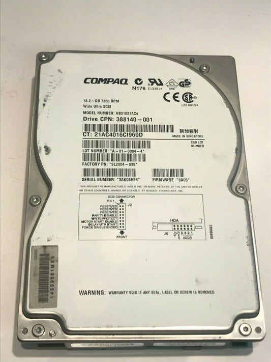 COMPAQ AB01831AC4 18.2GB SCSI ULTRA HARD DRIVE 9L2004-038 3A05 aa5ga6